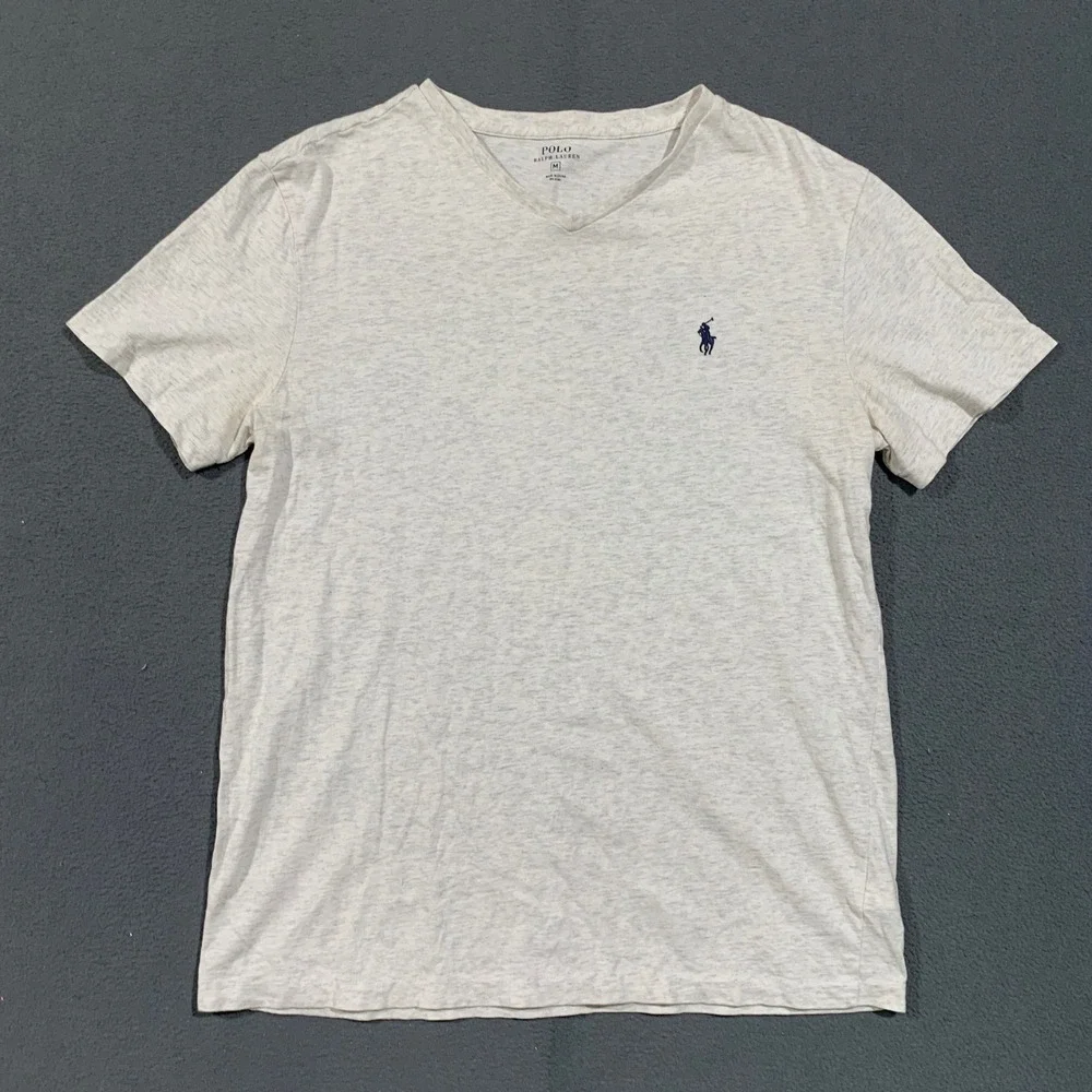 Polo Ralph Lauren T-Shirt Men Medium Gray Heather V-Neck Cotton Pony Logo Tee
